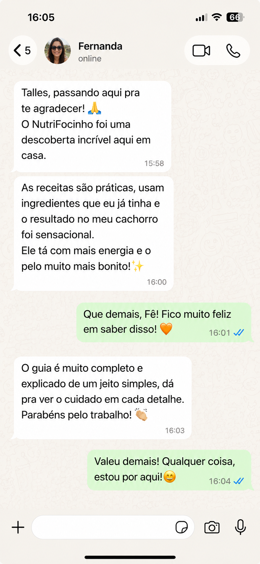 Print do depoimento real da tutora Fernanda sobre o NutriFocinho