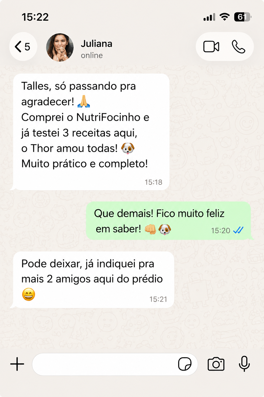 Print do depoimento real da tutora Juliana sobre o NutriFocinho